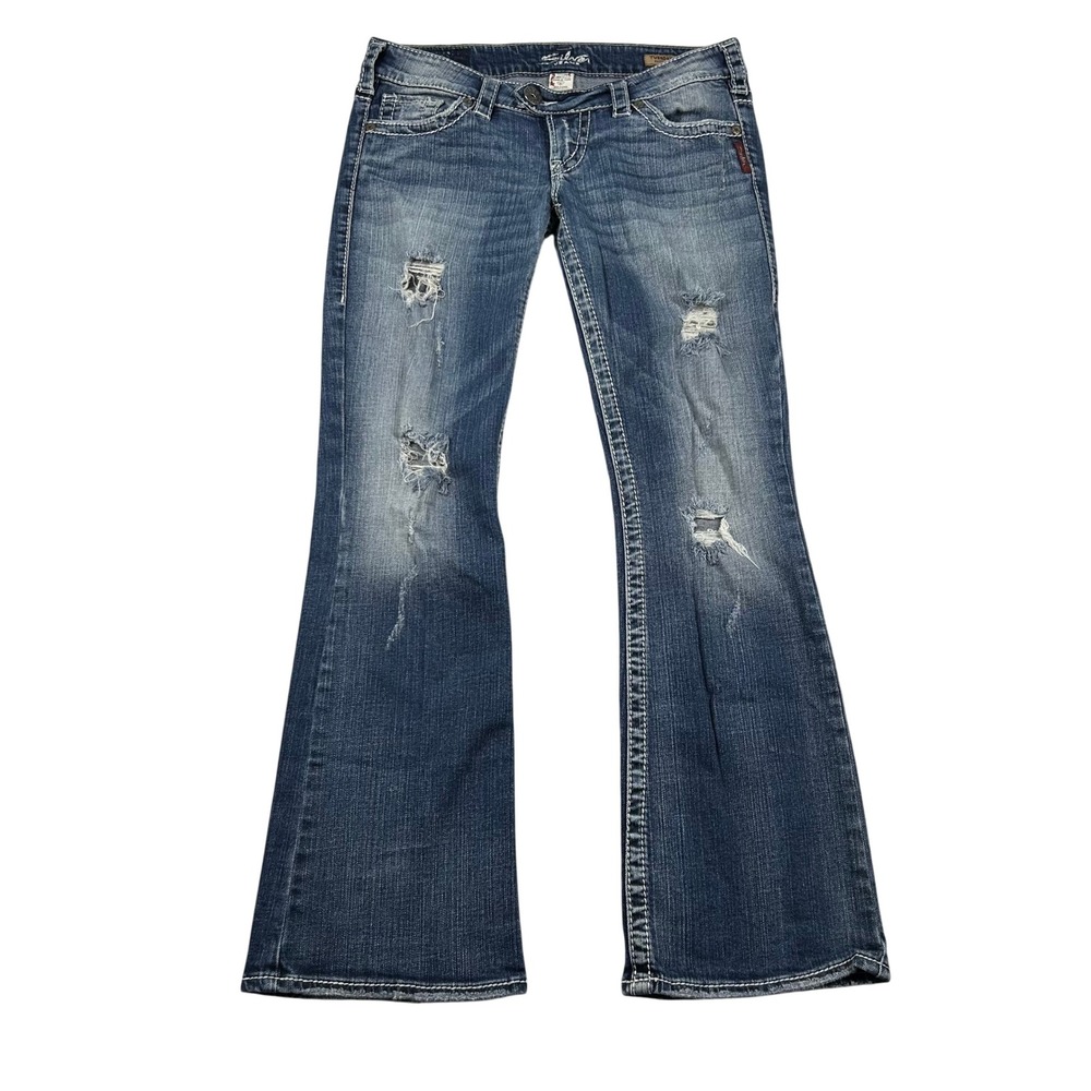 Silver Jeans Womens 29x31 Tuesday Low Rise Bootcut Blue Denim Contrast Distress
